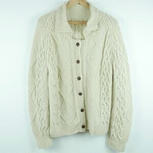 Vintage Women's M L Fisherman Cardigan Sweater Chunky Knit Wool Preppy Nautical